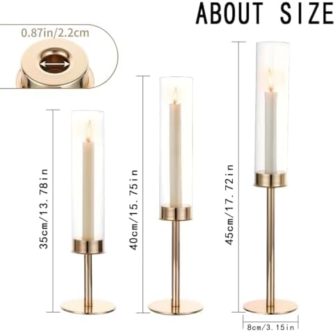 Gold Hurricane Candle Holders Set of 3, Tall Metal Windproof Glass Taper Candle Holder for Candelabra Centerpieces for Dining Table, Wedding, Party & Fireplace Mantel Decor - Image 5