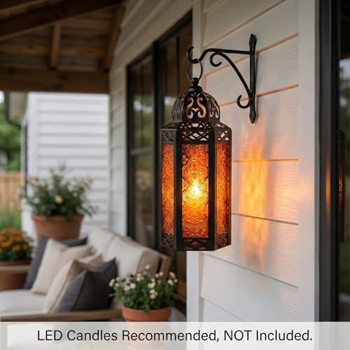 VELA LANTERNS 2pk Moroccan Candle Lantern Decorative Candle Holder Lamp for Table or Hanging, Indoor Home Decor, Outdoor Patio or Porch, Weddings, Black Metal, Medium, Amber Glass - Image 3