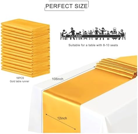 Gold Satin Table Runners 16 Pcs Silk Fabric Cover Rectangle Round - Image 2