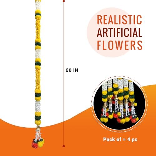 DIYANA IMPEX 4 Pc Artificial Marigold Garland with Bells, 5 Ft Long Hanging Flower Strings for Diwali Decorations, Indian Wedding, Party, Home Decor, Ganpati Hanging Decor & Mantle Decor (Yellow) - Image 2