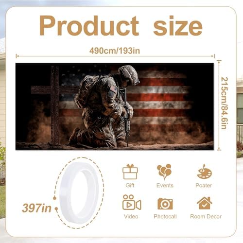 16x7FT Patriotic Garage Door Banner, Ameri-ca Soldier Kneeling with Cross Design, Extra Large Outdoor Garage Door Cover for Memorial Decor and Independence Day - Image 2