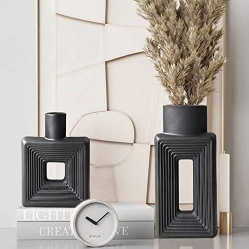 Black Ceramic Vase Set of 2，Square Vase Rustic Home Decor Minimalist Nordic Boho Style for Living Room, Shelf, Table, Bookshelf, Mantel and Entryway Decor Vases - Image 2