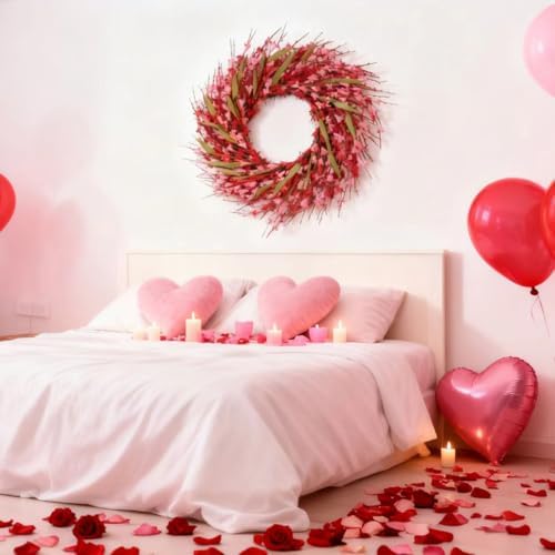 idyllic 22 Inch Spring Pink Forsythia Wreath, Valentine's Day Floral Decor with Red Pink Blooms for Front Door Mantel Table Wall Window Indoor Wedding Anniversary Dinner Decor - Image 7