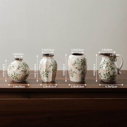 Ceramic Flower Small Vase for Home Decor, Vintage Green Mini Vase Set of 4 - Image 6