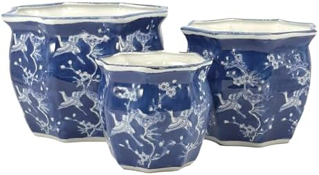 Galt International White & Blue Crane Round Fluted Floral Porcelain Ceramic Plant Flower Planter Pot Set of 3 (7.5", 10", 13") Garden Pots Chinese Asian Design - Image 5