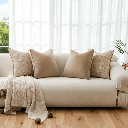 a moment Khaki 4 Pack Throw Pillow Covers - Chenille & Velvet Set with Piping, Farmhouse Textured Design Pillow Cases for Couch Sofa Bed Livingroom (22x22 Inch, No Insert) - Image 4