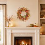 20 Inch Eucalyptus and Magnolia Fall Wreath with 3 Velvet Pumpkins - Image 4