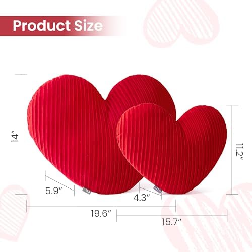 AELS Heart Shaped Pillow, Set of 2, Pleated Velvet Love Pillows, 20 & 16 Inches Decorative Throw Pillows, Valentines Day, Wedding, Living Room, Bedroom, Nursery Decor, Red - Image 3