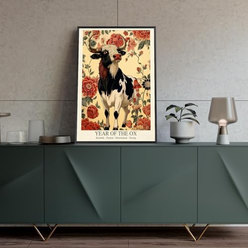 Chinese Lunar Year of the Ox Art Print – Traditional Oriental Home Decor with Red Floral Pattern Reliable Determined Strong Zodiac Wall Decor Aesthetic Family Wall Art 12X18 in Wrapped Framed - Image 4