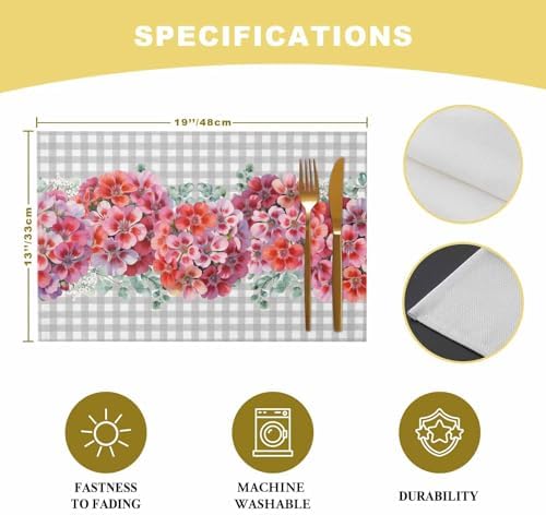 Red Flower Placemats Set of 4, Spring Rustic Floral Eucalyptus Leaves Gray Plaid Placemats for Dining Table Place Mats for Kitchen Table Waterproof Table Mats, Wipeable Dining Table Set - Image 6