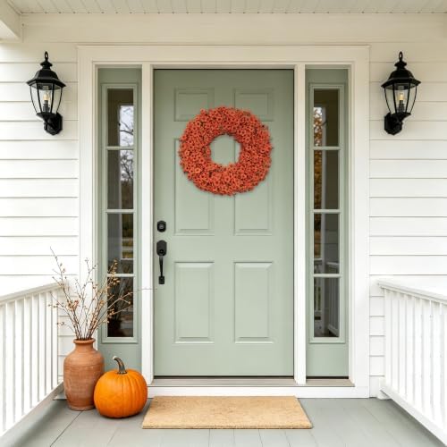24" Orange Fall Wreath for Front Door, Artificial Mums Autumn Wreath - Image 5