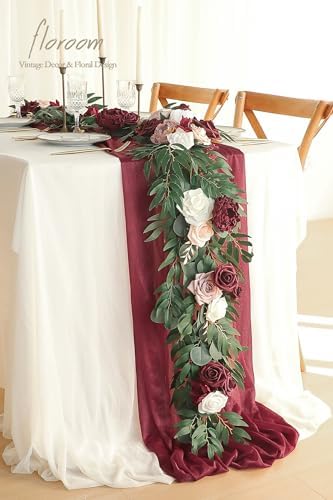 Floroom 6ft Artificial Eucalyptus Garland with Flowers Fake Greenery Faux Floral Vine Garland for Table Decor Wedding Centerpieces Bridal Shower Party Decorations, Burgundy & White - Image 2