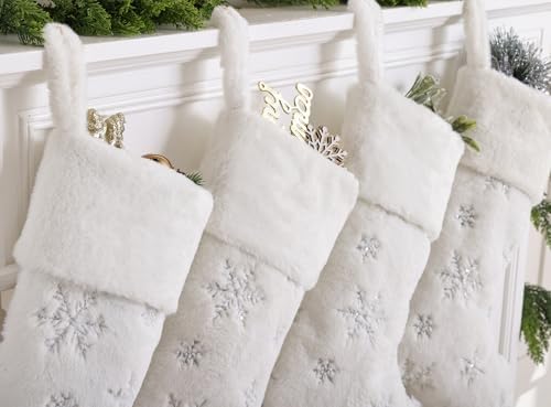 CARAKNOTS White Christmas Stockings 5 Pack, Large Faux Fur Silver Snowflake - Image 2