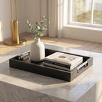Decorative Serving Tray, Modern Rectangle Wood Tray with Polished Metal Handles, Glossy Finish, 16.5x12 Inch, for Coffee Table, Ottoman (Black) - Image 5