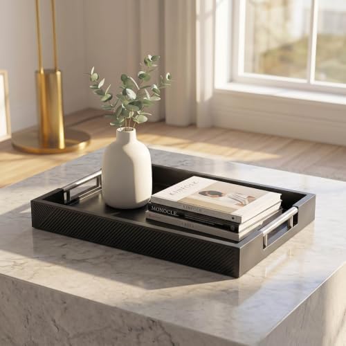 Decorative Serving Tray, Modern Rectangle Wood Tray with Polished Metal Handles, Glossy Finish, 16.5x12 Inch, for Coffee Table, Ottoman (Black) - Image 5