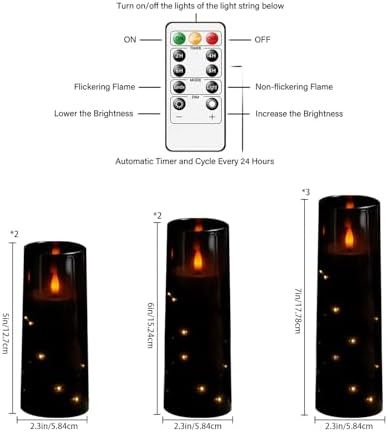 Flameless Candles,with Embedded Star String, Battery Operated Candles Flickering LED Pillar Candles with Remote Control and Timer, Home Decoration Add a Warm and Romantic Atmosphere，Set of 7 (Black) - Image 2