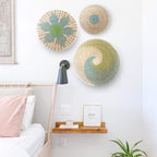 GoGift Wall Basket Decor - Wicker Coastal For Home Baskets Hanging Woven Boho Beach Rattan Seagrass Set of 3 Beige Teal Blue and Light Green - Image 4