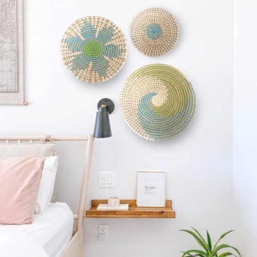 GoGift Wall Basket Decor - Wicker Coastal For Home Baskets Hanging Woven Boho Beach Rattan Seagrass Set of 3 Beige Teal Blue and Light Green - Image 4