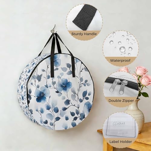 Blue Flowers Round Storage Bag 30 Inch, Retro Spring Watercolor Leaves Floral Clothes Storage Container with Handles Heavy Duty Organizer for Comforter, Bedding & Holiday Wreaths - Image 5
