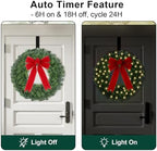 24" Prelit Christmas Wreath with Lights - 50 LED with Timer, 8 Lighting Modes, Waterproof Battery Operated Lighted Door Wreath - Including Wreath Hanger and Red Bow for Christmas Outdoor Decorations - Image 5