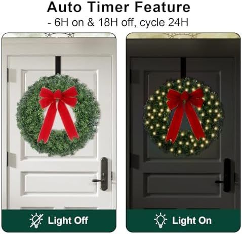 24" Prelit Christmas Wreath with Lights - 50 LED with Timer, 8 Lighting Modes, Waterproof Battery Operated Lighted Door Wreath - Including Wreath Hanger and Red Bow for Christmas Outdoor Decorations - Image 5