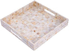 PEMAR Handcrafted Mother of Pearl Decorative Tray with Handles - 12" Square Mosaic Inlay Organizer for Coffee Table, Ottoman, Vanity & Bathroom - Luxury Coastal Home Decor (White Cream Squares) - Image 2