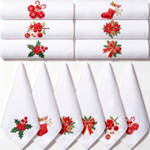 HunnmingRe 12 Pcs Classic Christmas Embroidered Cloth Napkins, 17x17 Inch by HunnmingRe