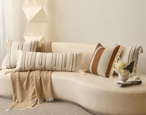 Beige Boho Lumbar Pillow Cover 14x36 with Handmade Drawn Work - Image 6