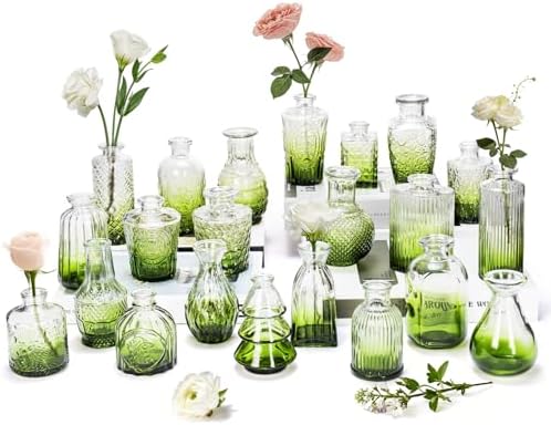 Clear Gradient Green Glass Bud Vase Set of 22 Pcs,Small Bud Vases in Bulk,Glass Crystal Flower Vases Table Centerpieces for Party Event Wedding Decor Baby Shower Decorations (Gradient Green, 22 Pcs) by JXINDUJU