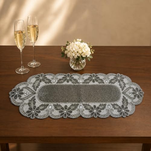 Handmade Beaded Table Runner 13 x 36 Inch, Grey Milky Floral Design, Decorative Dining Table Accent - Image 5