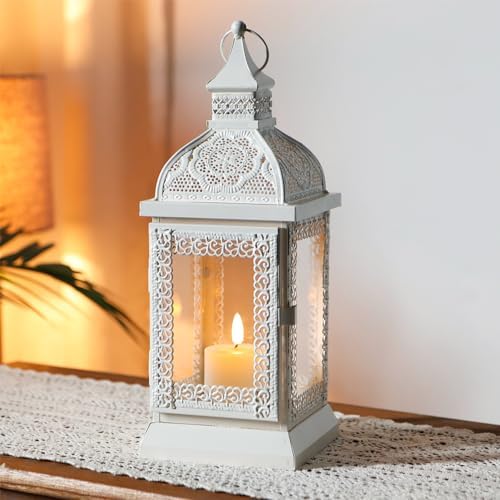 TRIROCKS Rustic Style Metal Candle Lantern 13'' High Decorative Outdoor Lantern Candle Holder with Tempered Glass for Thanksgiving Christmas Living Room Garden Patio Parties Indoors Outdoors (Cream) by TRIROCKS