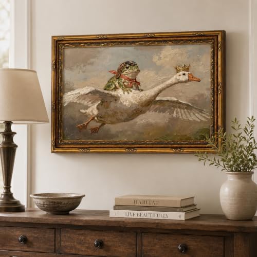 Gold Framed Frog Riding Goose Wall Art, Whimsical Canvas Print, 24x16 - Image 5