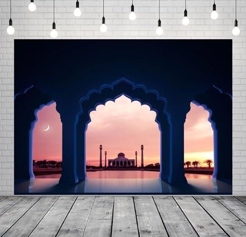 BELECO 15x10ft Fabric Mosque Backdrop Muslim Ramadan Kareem Religious Building Islamic City Mosque Crescent Moon Background Religious Theme Party Decorations Photo Booth Studios Props - Image 2
