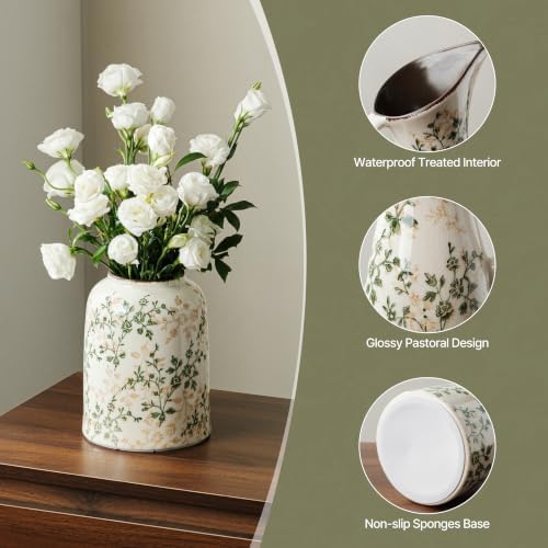 Ceramic Flower Vase for Home Decor, Vintage Green Farmhouse Vase 8 Inch - Image 5