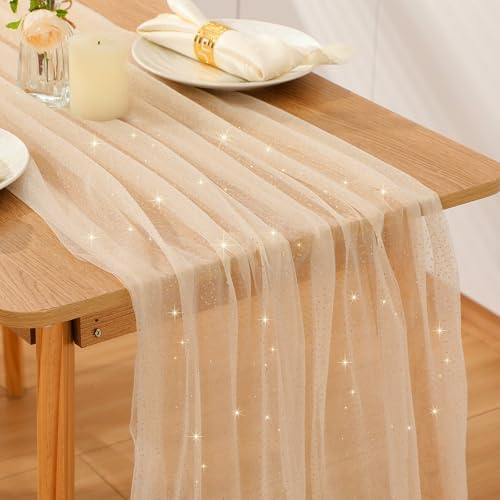 10pcs Fall/Halloween Table Runner 10 ft Champagne Gold Metallic Foil Sheer by Windkream