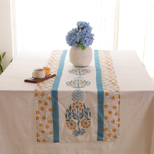 Hand Block Printed Cotton Table Runner, Machine Washable Cotton Runner, Boho Floral Table Accent for Long Dining Tables and Buffet Displays, 12x102 Inches - Teal Blue & Yellow - Image 3