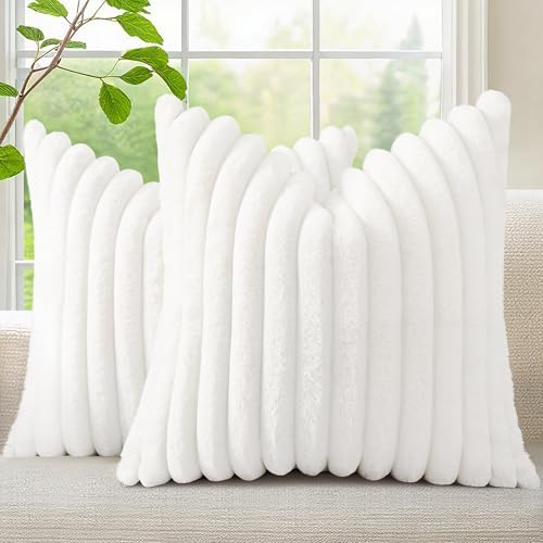decorUhome Fall Faux Fur Throw Pillow Covers 24x24 Set of 2 White by decorUhome