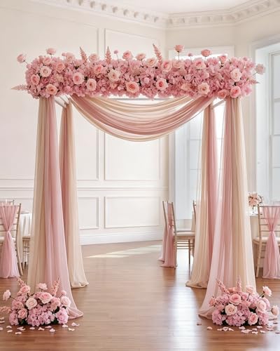 72inch Aisle Flower Garland with Chiffon Sheer Drape, Mixed Pink Artificial Flowers Rose with Hydrangea, Floral Runner for Wedding Arch, Backdrop, Reception Table Decor, Ceremony Pathway - Image 2