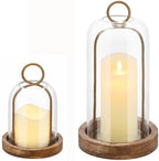 Set of 2 Versatile Vintage Brass Metal Candle Holder with Handmade Sturdy Glass Dome and Natural Wooden Base for Pillar Candle & Plants, Industrial, Farmhouse, Shabby Chic, Display Cloche Bell Jars by Unknown