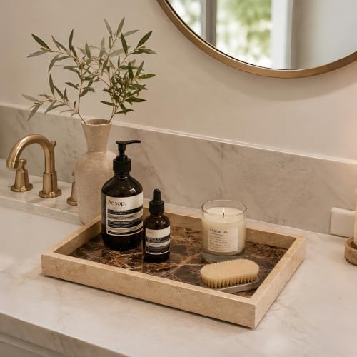 YMXYJM Real Natural Marble Tray for Bathroom, Genuine Marble Stone Vanity Tray, Luxury Storage Trays for Kitchen, Vanity, Home Decor, Dresser, Non-Resin/Non-Ceramic, 12"x 8"x 1.2", Beige & Brown - Image 2