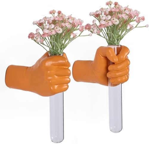 2 Pieces Wall Sculptures, Hands Vase Home Decor, Wall Mount Art Sculpture, Unique Wall Art Statue, Funky Flower Vase Decorations, Modern Eclectic Hanging Decor,Hands Statue (Orange(L+R)) by XYQXYQ