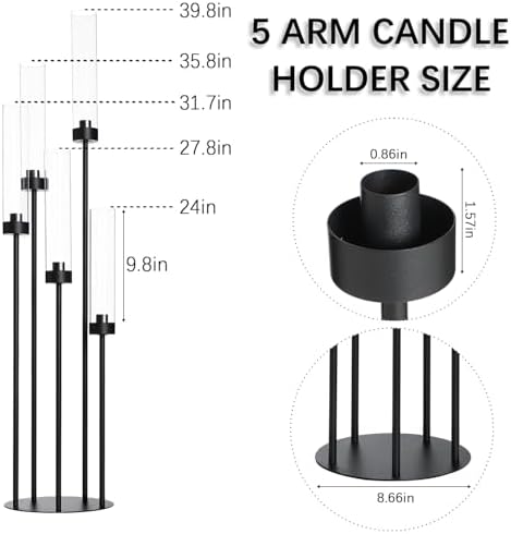 39.8'' Tall Matte Black Candle Stick Holders with Acrylic Shades - Image 2