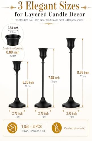 Black Taper Candle Holders 4 Sets(12 Pcs) - Tall Metal Candlestick Holders for Table Centerpiece, Formal Dinner, Wedding, Fireplace Mantel Decor, Fits 3/4 Inch Thick Candles - Image 2