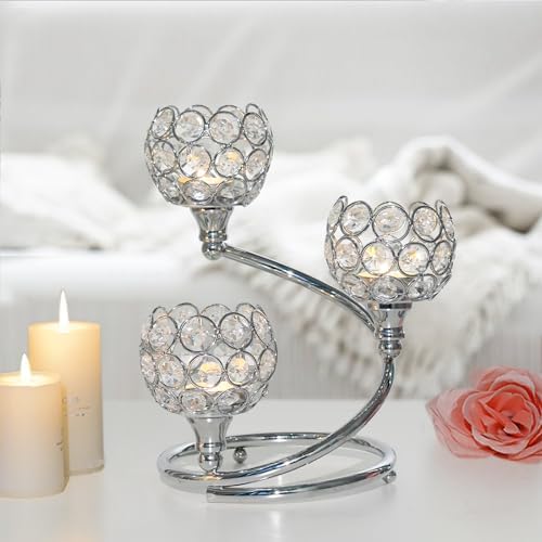 Metal Crystal Candle Holder Set of 6 - Elegant 3-Arm Tea Light Centerpiece with Shining Crystal Bowl, Wedding Anniversary Table Decor for Dining, Party (Silver, 6 Pcs 3 Arm) - Image 6