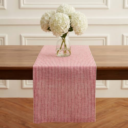 Solino Home 100% Pure Linen Table Runner, 14 x 90 in, Red and White Striped by SolinoHome