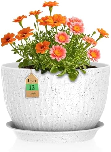 WSMKSZ 12 Inch Wide Water Ripples Flower Pots for Indoor or Outdoor Plants, Large Plant Pots with Drainage Holes & Saucer, Plastic Planters Set for Garden & Home Decor (White with Black Speckles) by WSMKSZ