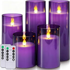 Homemory Purple Flickering Flameless Candles, Battery Operated Acrylic LED Pillar Candles with Remote Control and Timer, Purple Decor, Set of 5 by Homemory