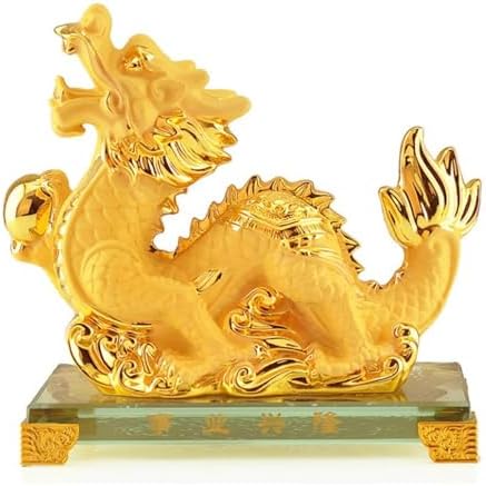 Feng Shui Chinese Zodiac Dragon Year Golden Resin Collectible Figurines Decoration for Luck & Wealth Perfect for Your Home or Office by BWINKA
