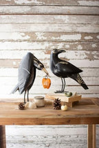 First of a Kind Set of 2 Recycled Iron Crows Holding a Pumpkin - Distressed Recycled Iron Halloween Fall Decor - Black, 16.5 Inch by FirstofaKind