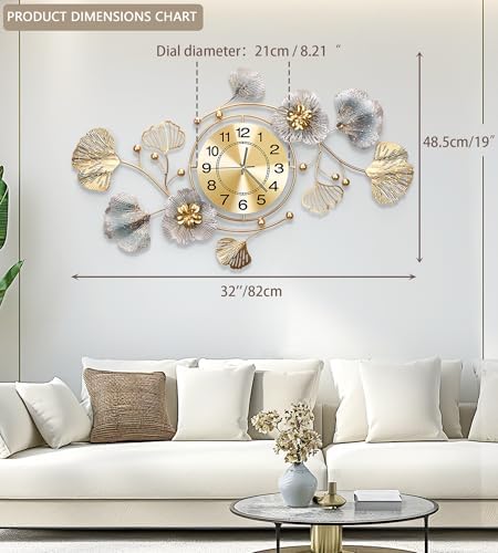 33" Modern Farmhouse Large Decorative Wall Clock, Ginkgo Metal Art - Image 2